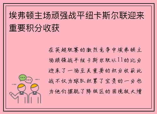 埃弗顿主场顽强战平纽卡斯尔联迎来重要积分收获