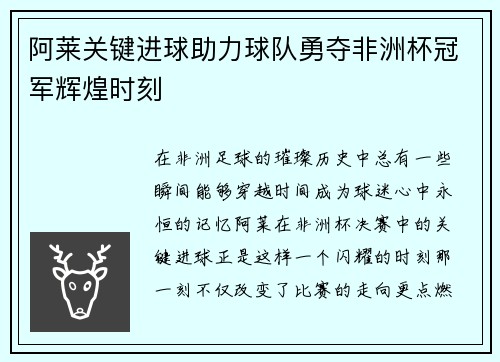 阿莱关键进球助力球队勇夺非洲杯冠军辉煌时刻